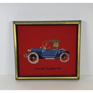 Vintage Needlepoint Chevrolet Roadster 1913 Framed Car Red Background 9.5x8.5